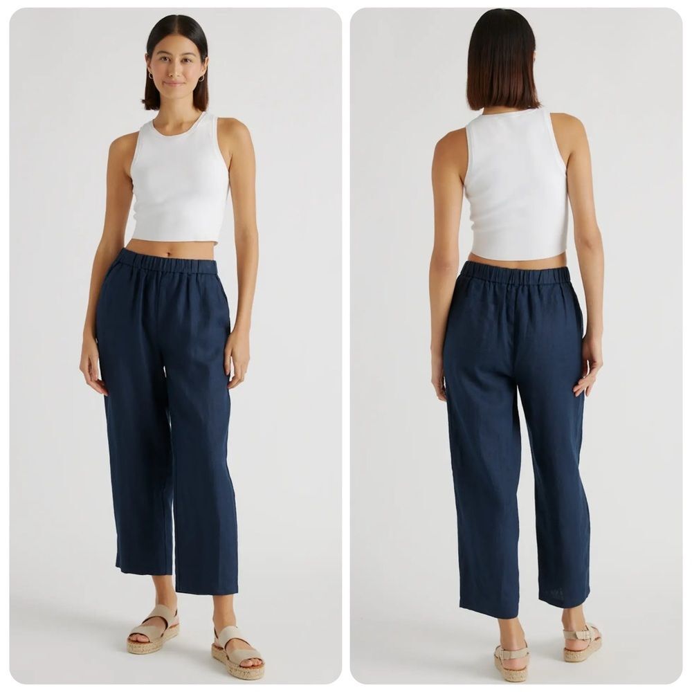 Quince 100% European Linen Cropped Pants in Deep Navy | Small